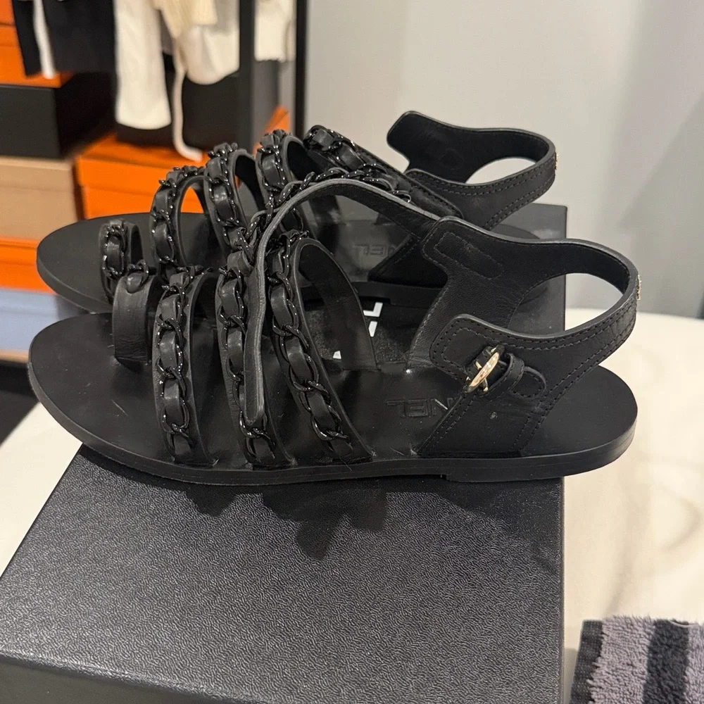 CHANEL Black Leather Chain-Strap Slingback Sandals